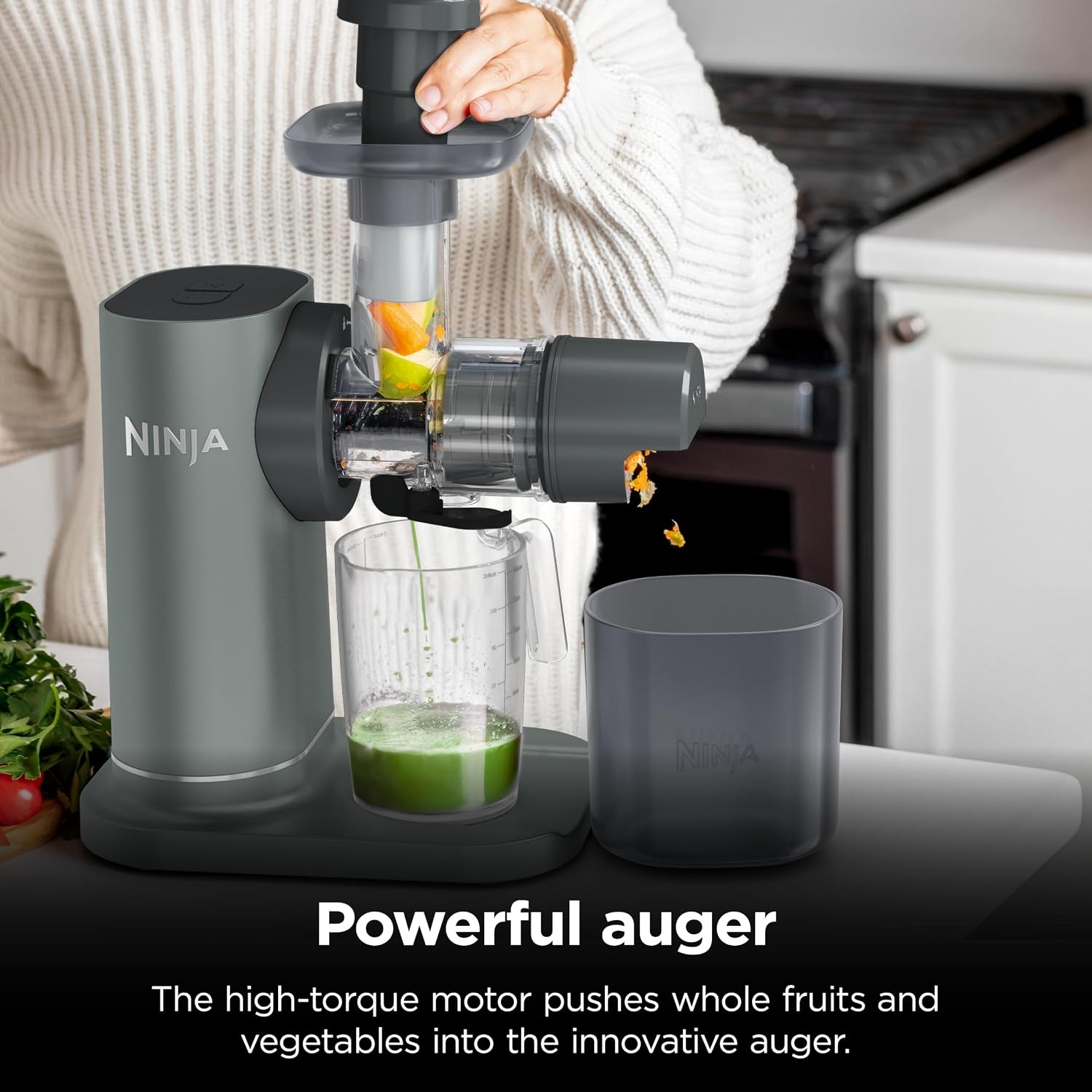 image:imageNinja NeverClog Cold Press Juicer 24oz Jug 36oz Pulp Silver JC151SL 150W hightorque auger juices fibrous fruits amp veggies Total Pulp Control 2 onetouch programs Dishwasher safeCharcoalShredder
