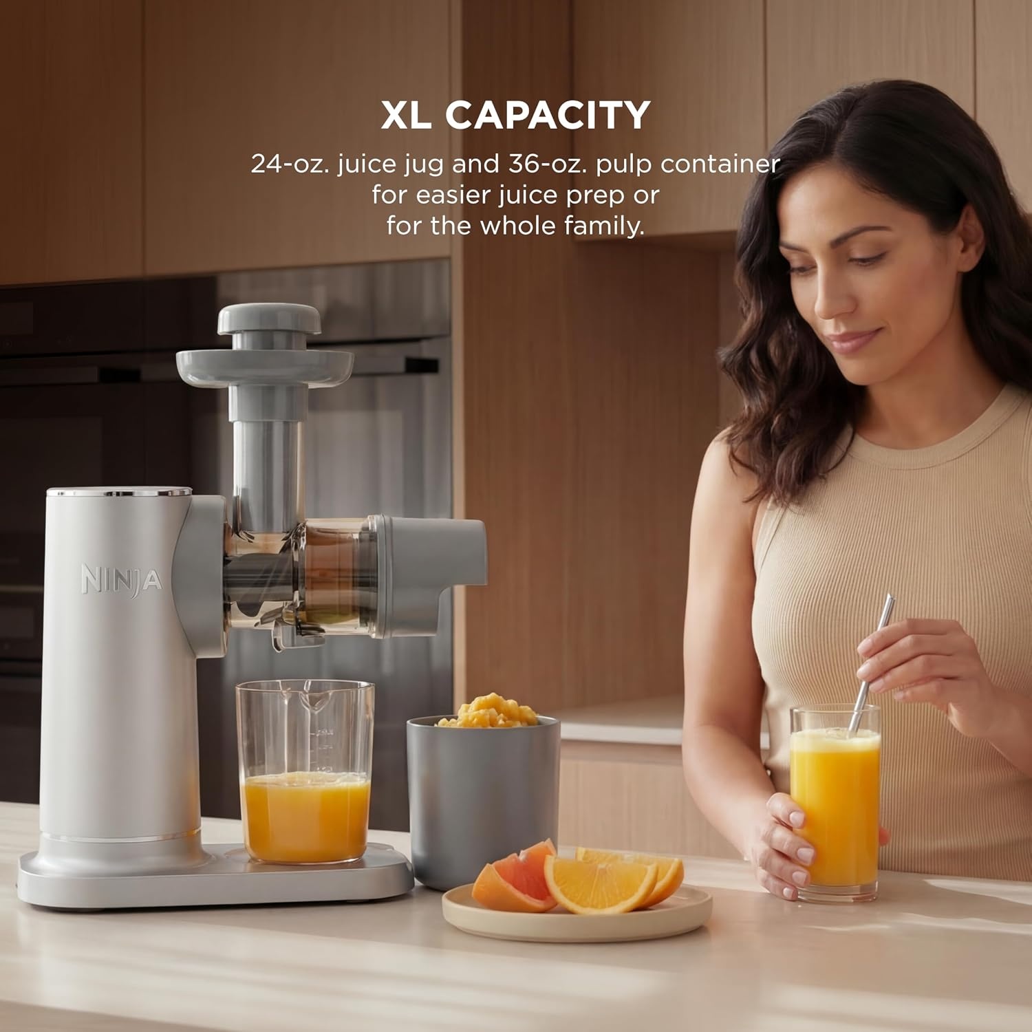 image:imageNinja NeverClog Cold Press Juicer 24oz Jug 36oz Pulp Silver JC151SL 150W hightorque auger juices fibrous fruits amp veggies Total Pulp Control 2 onetouch programs Dishwasher safeGray