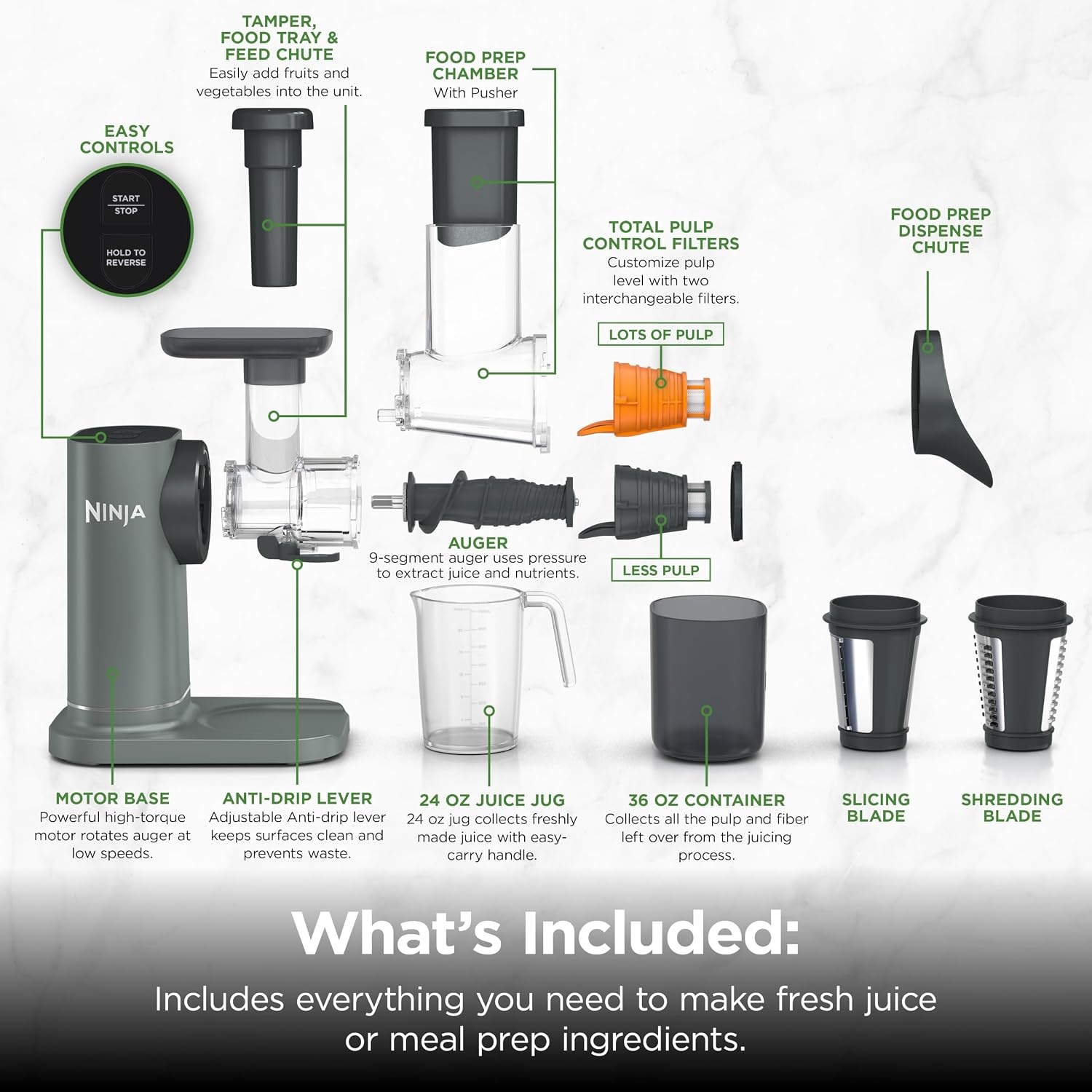 image:imageNinja NeverClog Cold Press Juicer 24oz Jug 36oz Pulp Silver JC151SL 150W hightorque auger juices fibrous fruits amp veggies Total Pulp Control 2 onetouch programs Dishwasher safeCharcoalShredder