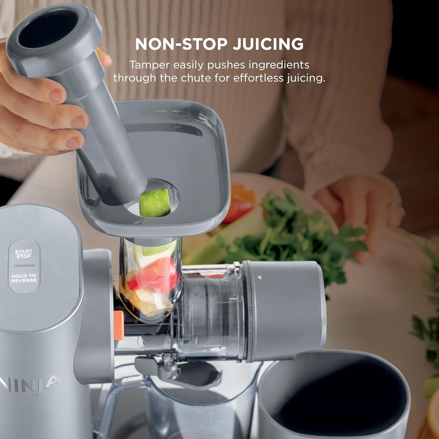 image:imageNinja NeverClog Cold Press Juicer 24oz Jug 36oz Pulp Silver JC151SL 150W hightorque auger juices fibrous fruits amp veggies Total Pulp Control 2 onetouch programs Dishwasher safeGray