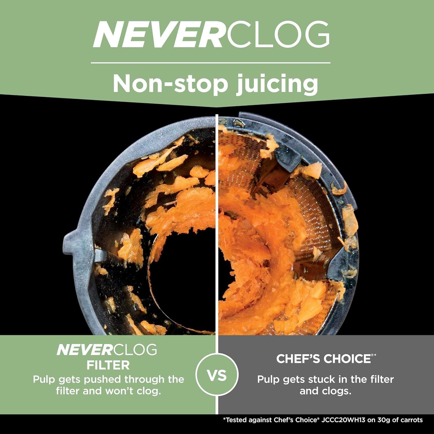 image:imageNinja NeverClog Cold Press Juicer 24oz Jug 36oz Pulp Silver JC151SL 150W hightorque auger juices fibrous fruits amp veggies Total Pulp Control 2 onetouch programs Dishwasher safeCharcoalShredder