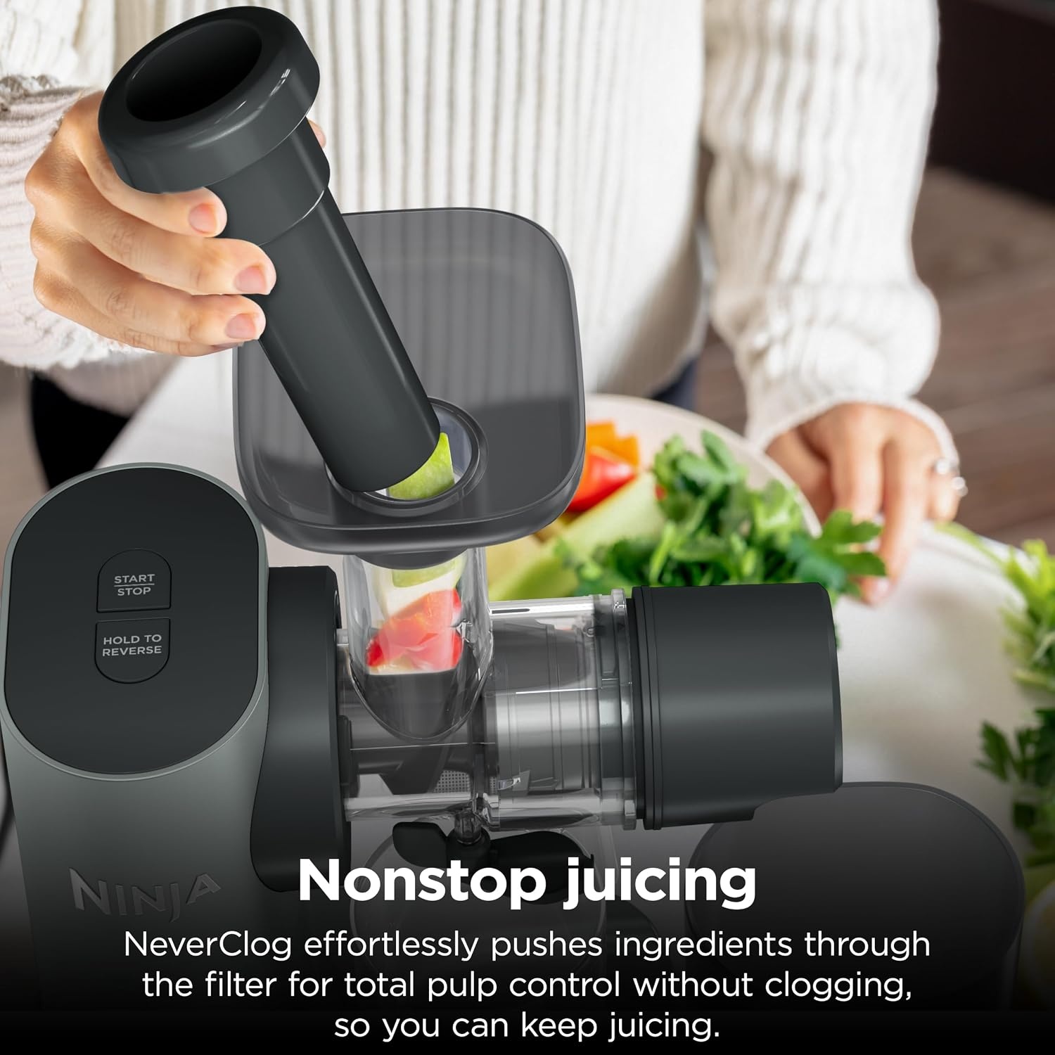 image:imageNinja NeverClog Cold Press Juicer 24oz Jug 36oz Pulp Silver JC151SL 150W hightorque auger juices fibrous fruits amp veggies Total Pulp Control 2 onetouch programs Dishwasher safeCharcoalShredder