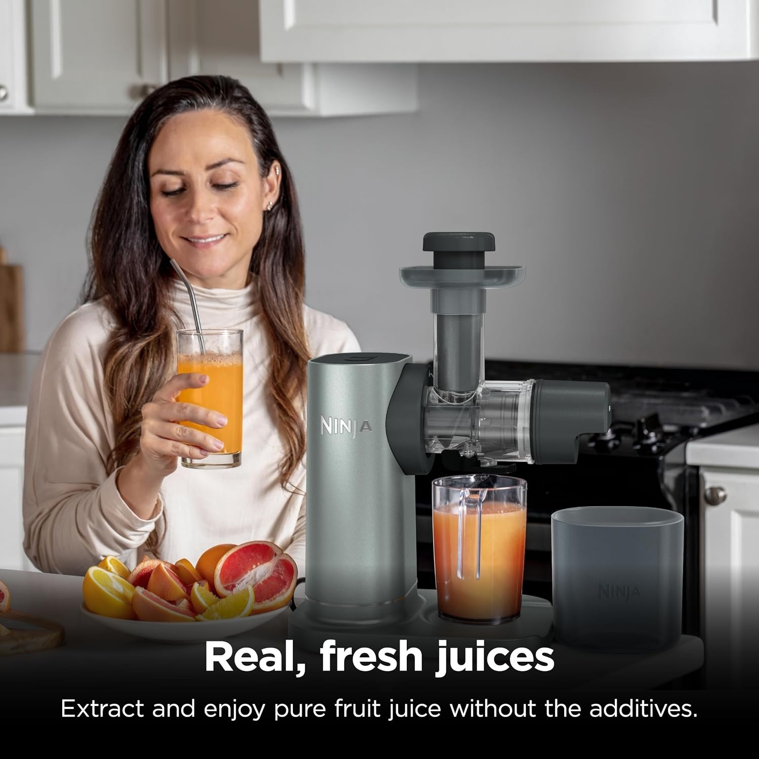 image:imageNinja NeverClog Cold Press Juicer 24oz Jug 36oz Pulp Silver JC151SL 150W hightorque auger juices fibrous fruits amp veggies Total Pulp Control 2 onetouch programs Dishwasher safeCharcoalShredder