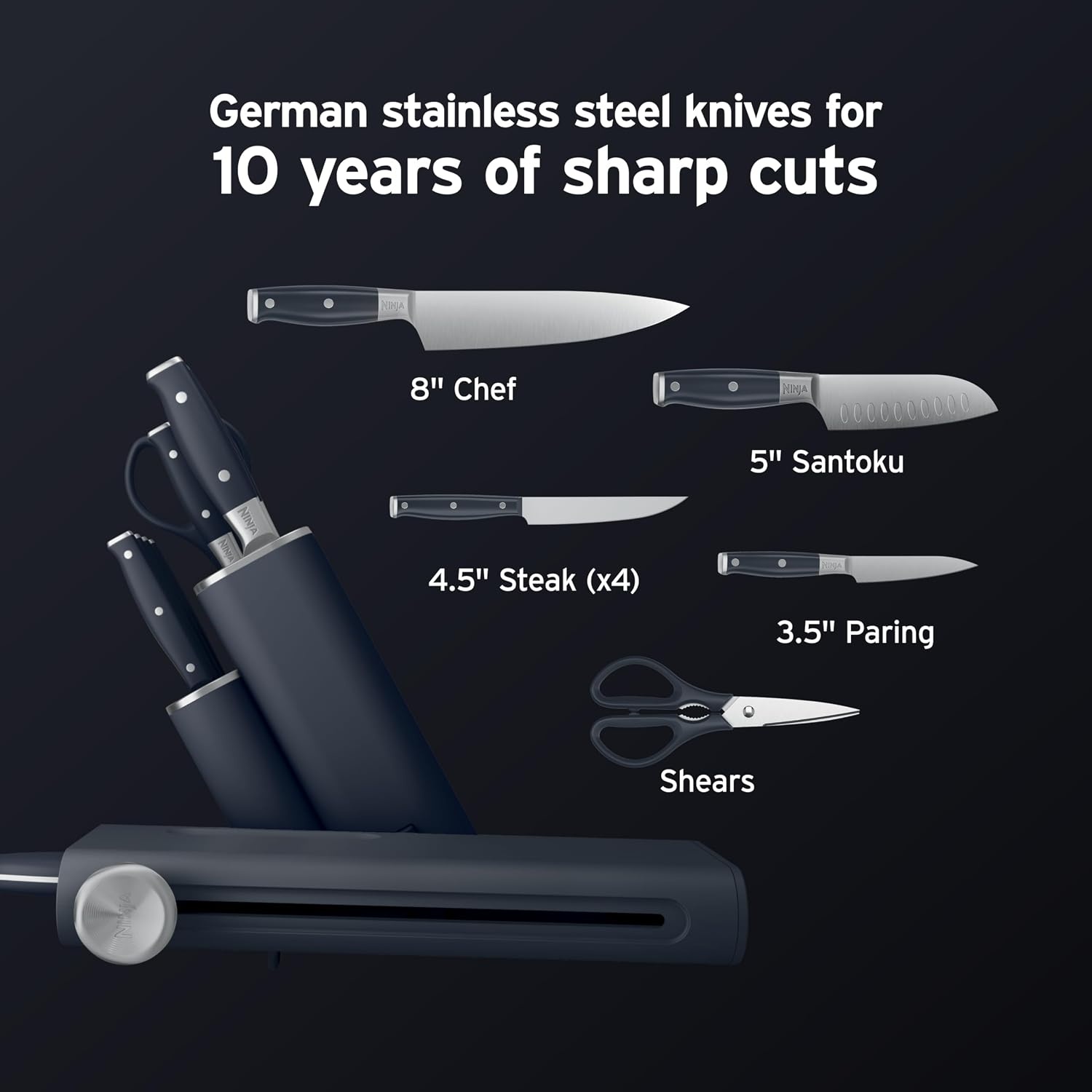image:imageNinja NeverDull 10Pc German Steel Knife Set Black NK32010BK1 Stays razorsharp 10 years Premium German steel Removable sharpener stores in a drawer saving up to 35 more counter spaceCyberspace