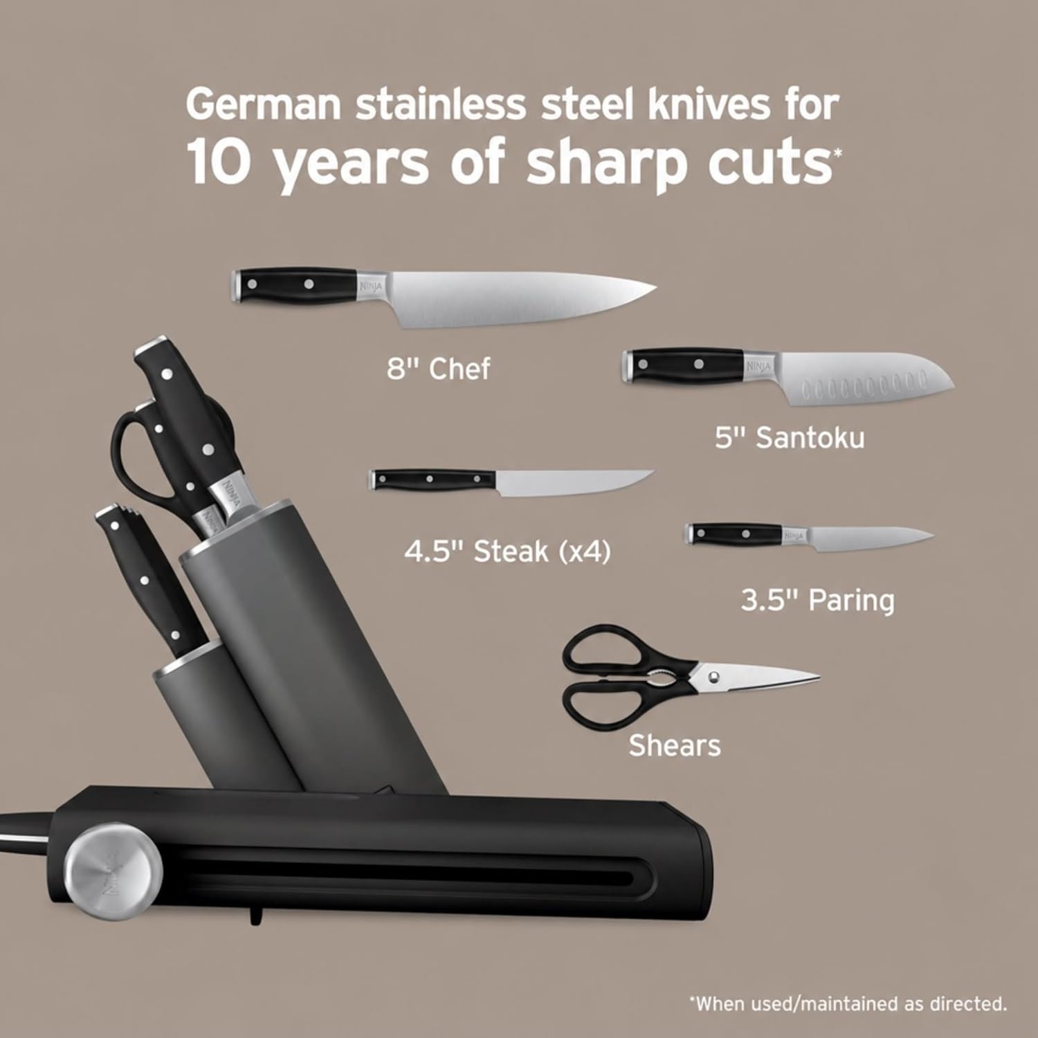 image:imageNinja NeverDull 10Pc German Steel Knife Set Black NK32010BK1 Stays razorsharp 10 years Premium German steel Removable sharpener stores in a drawer saving up to 35 more counter spaceBlack