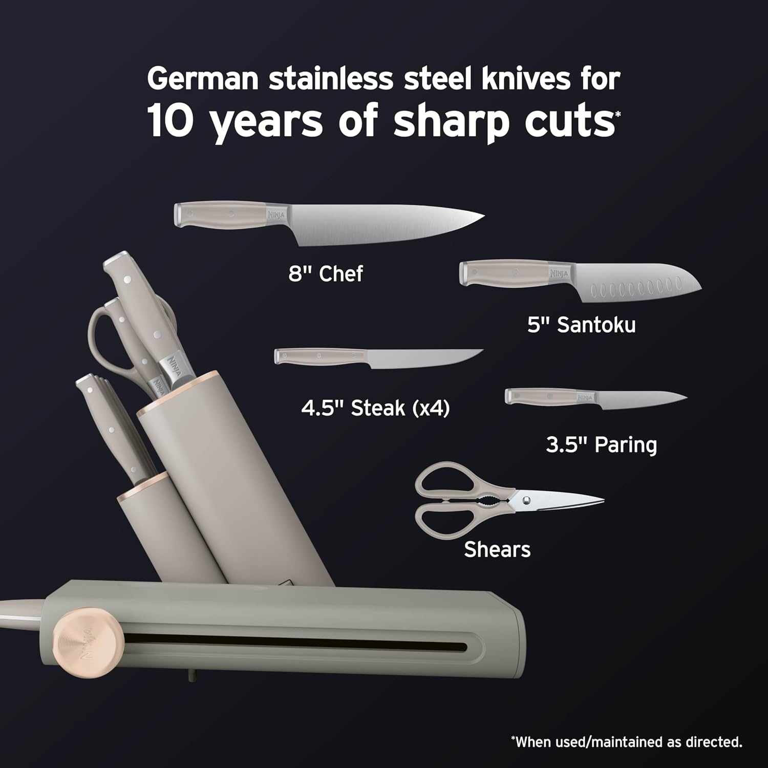 image:imageNinja NeverDull 10Pc German Steel Knife Set Black NK32010BK1 Stays razorsharp 10 years Premium German steel Removable sharpener stores in a drawer saving up to 35 more counter spaceStone
