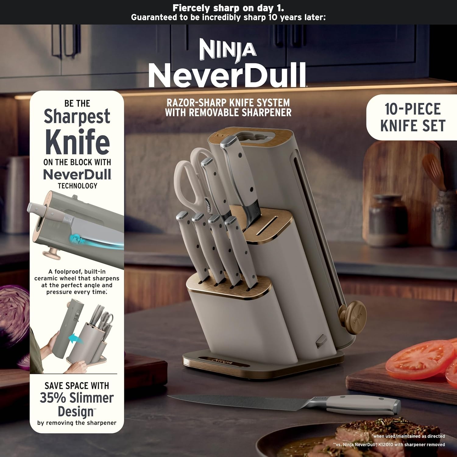 image:imageNinja NeverDull 10Pc German Steel Knife Set Black NK32010BK1 Stays razorsharp 10 years Premium German steel Removable sharpener stores in a drawer saving up to 35 more counter spaceStone