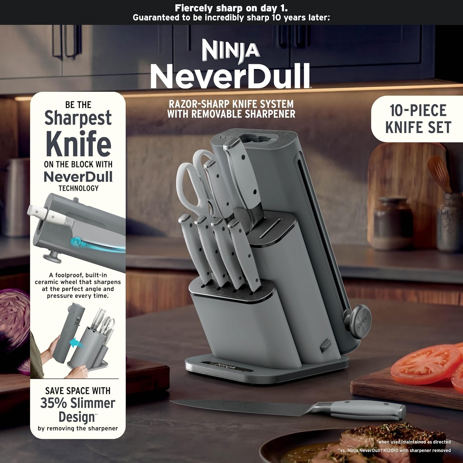 image:imageNinja NeverDull 10Pc German Steel Knife Set Black NK32010BK1 Stays razorsharp 10 years Premium German steel Removable sharpener stores in a drawer saving up to 35 more counter spaceLight Grey