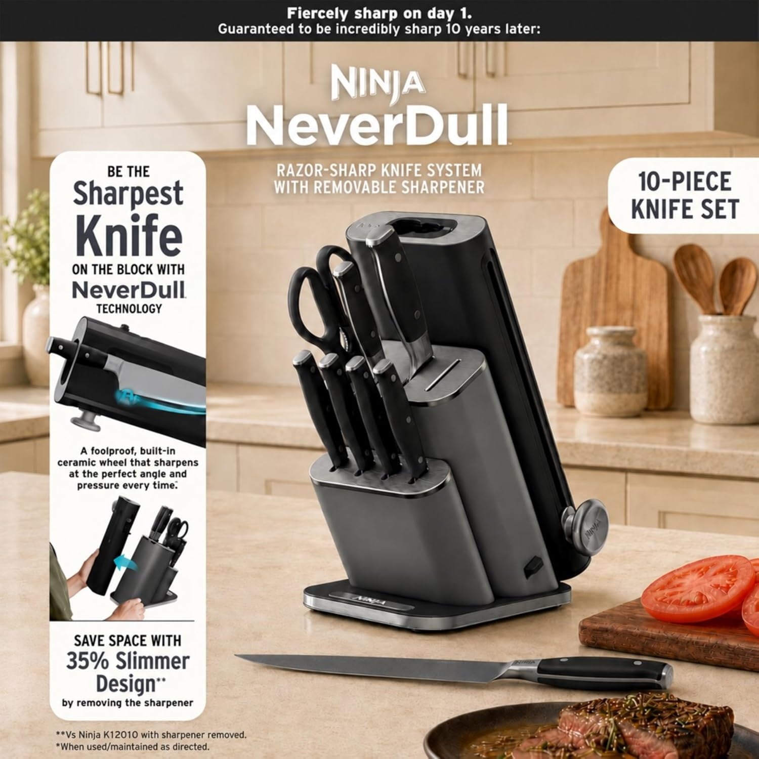 image:imageNinja NeverDull 10Pc German Steel Knife Set Black NK32010BK1 Stays razorsharp 10 years Premium German steel Removable sharpener stores in a drawer saving up to 35 more counter spaceBlack