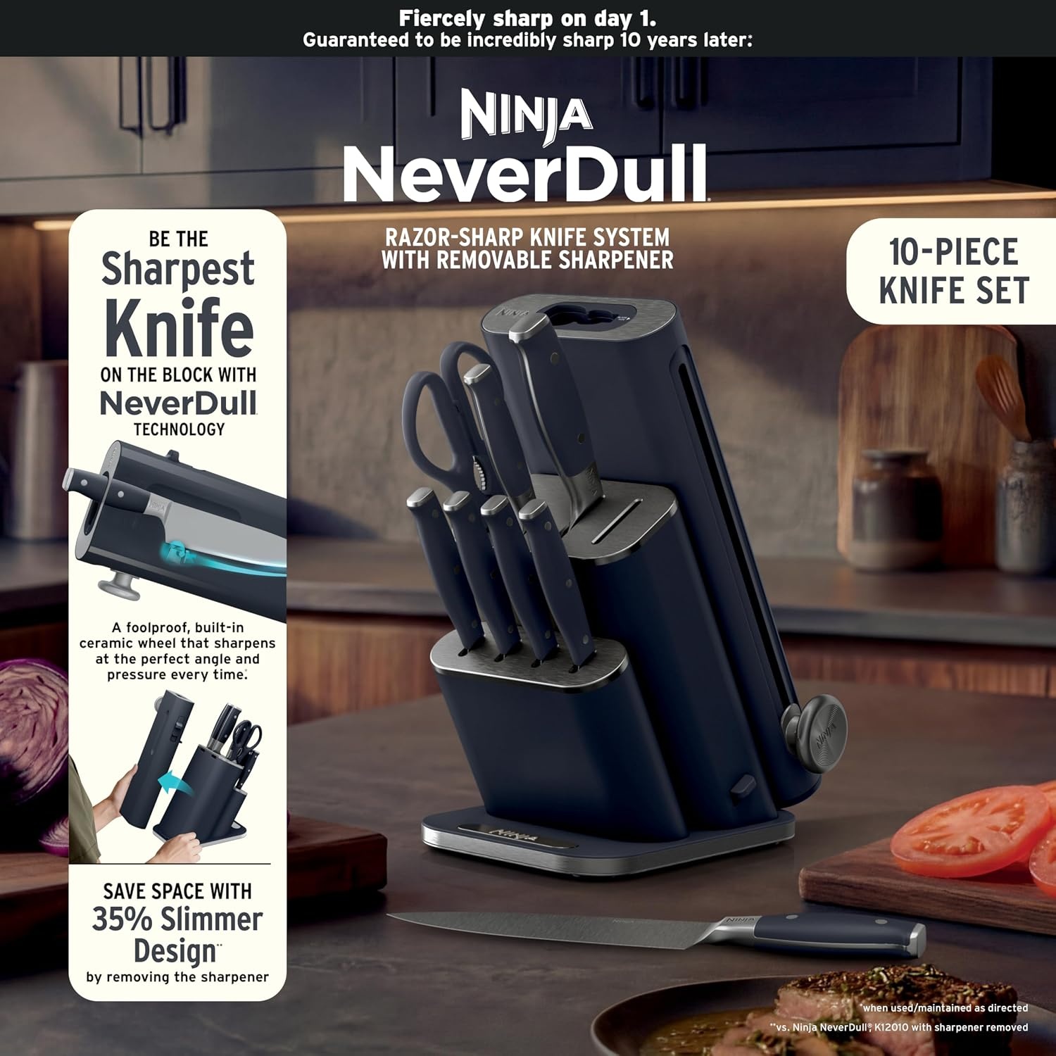 image:imageNinja NeverDull 10Pc German Steel Knife Set Black NK32010BK1 Stays razorsharp 10 years Premium German steel Removable sharpener stores in a drawer saving up to 35 more counter spaceCyberspace