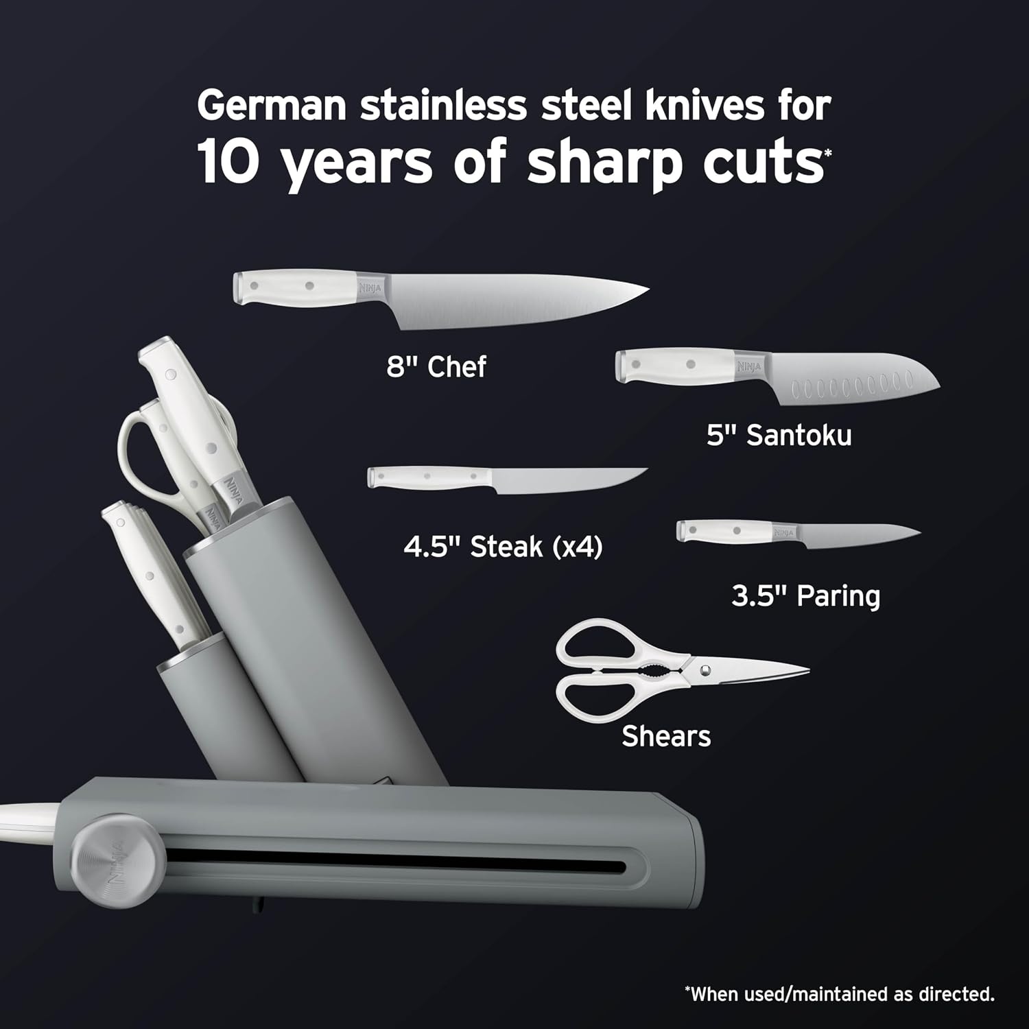image:imageNinja NeverDull 10Pc German Steel Knife Set Black NK32010BK1 Stays razorsharp 10 years Premium German steel Removable sharpener stores in a drawer saving up to 35 more counter spaceLight Grey