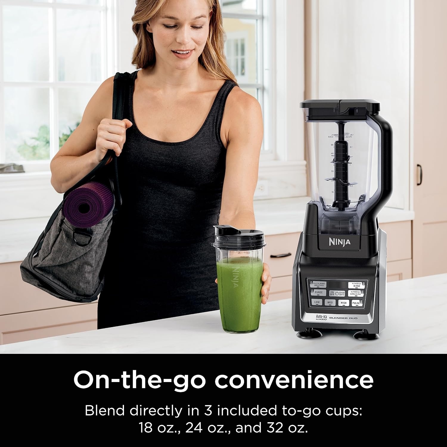 image:imageNinja Nutri Personal amp Countertop Blender 1200W AutoiQ Black BL642 AutoiQ base blends smoothies amp shakes 72oz pitcher plus 18 24 amp 32oz togo cups w spout lids Dishwasher safeNutriNinja Blender DUO