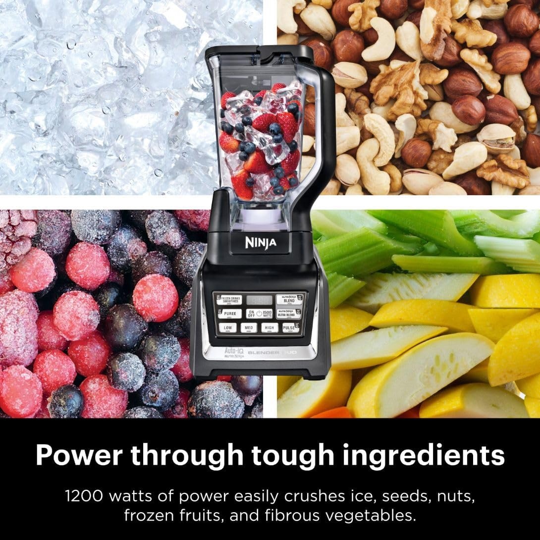 image:imageNinja Nutri Personal amp Countertop Blender 1200W AutoiQ Black BL642 AutoiQ base blends smoothies amp shakes 72oz pitcher plus 18 24 amp 32oz togo cups w spout lids Dishwasher safeNutriNinja Blender DUO