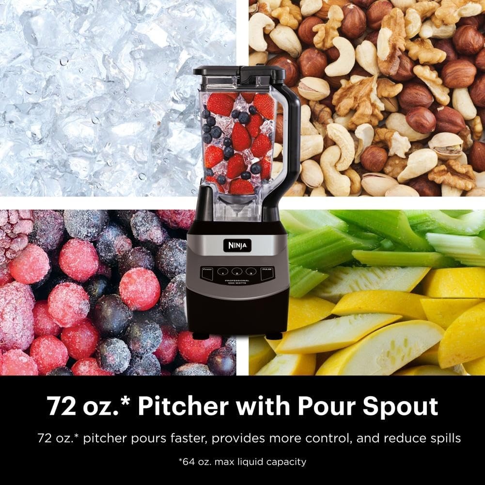 image:imageNinja UltraCrush Professional Blender 1000W 72oz Pitcher 3 Speeds BP201 1000W Total Crushing blades power through ice amp fruit XL 72oz pitcher 3 manual speeds plus pulse Dishwasher safeSilverBlack
