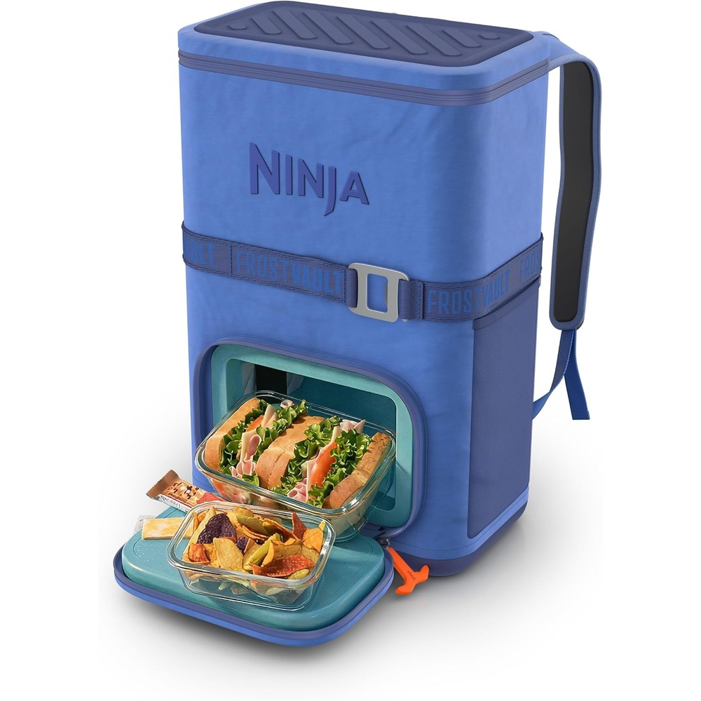 image:imageNinja FrostVault Go Soft Backpack Cooler Dry Storage Birch Beige Ninja FrostVault Go soft cooler stays cool for hours with a leakproof easyaccess lid and carries like a backpackLuminous Blue