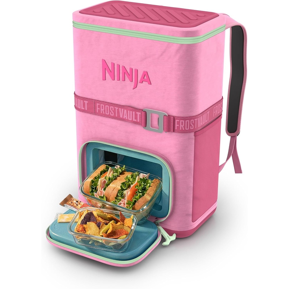 image:imageNinja FrostVault Go Soft Backpack Cooler Dry Storage Birch Beige Ninja FrostVault Go soft cooler stays cool for hours with a leakproof easyaccess lid and carries like a backpackStrawberry Rhubarb