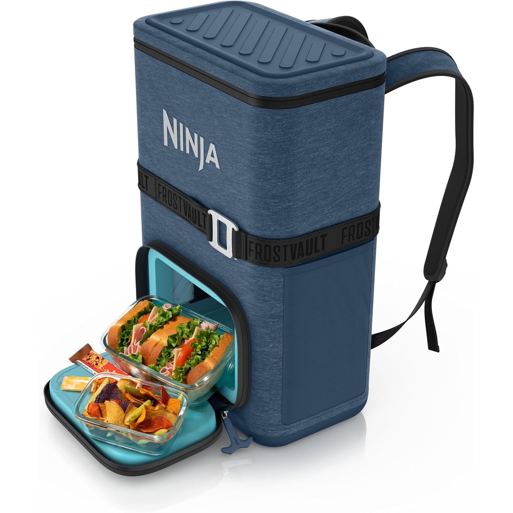 image:imageNinja FrostVault Go Soft Backpack Cooler Dry Storage Birch Beige Ninja FrostVault Go soft cooler stays cool for hours with a leakproof easyaccess lid and carries like a backpackBlue