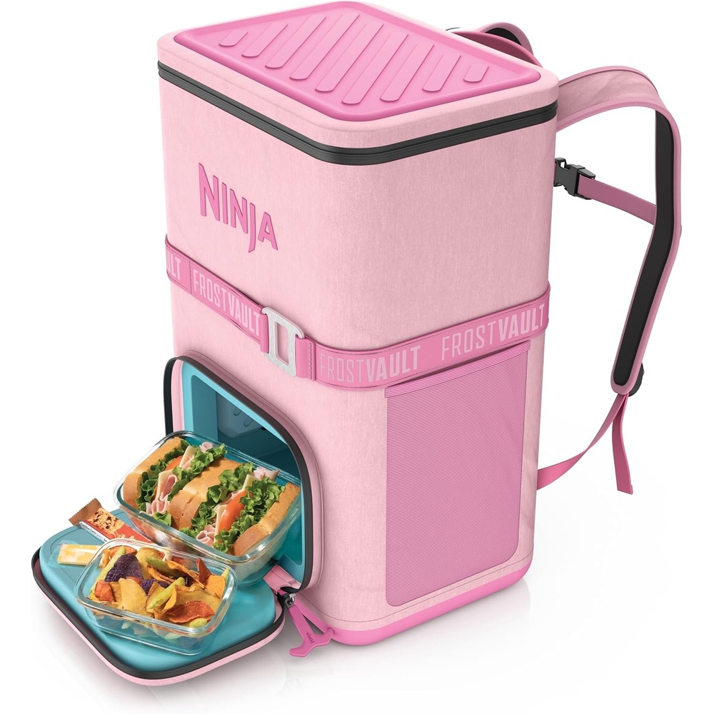 image:imageNinja FrostVault Go Soft Backpack Cooler Dry Storage Birch Beige Ninja FrostVault Go soft cooler stays cool for hours with a leakproof easyaccess lid and carries like a backpackPink