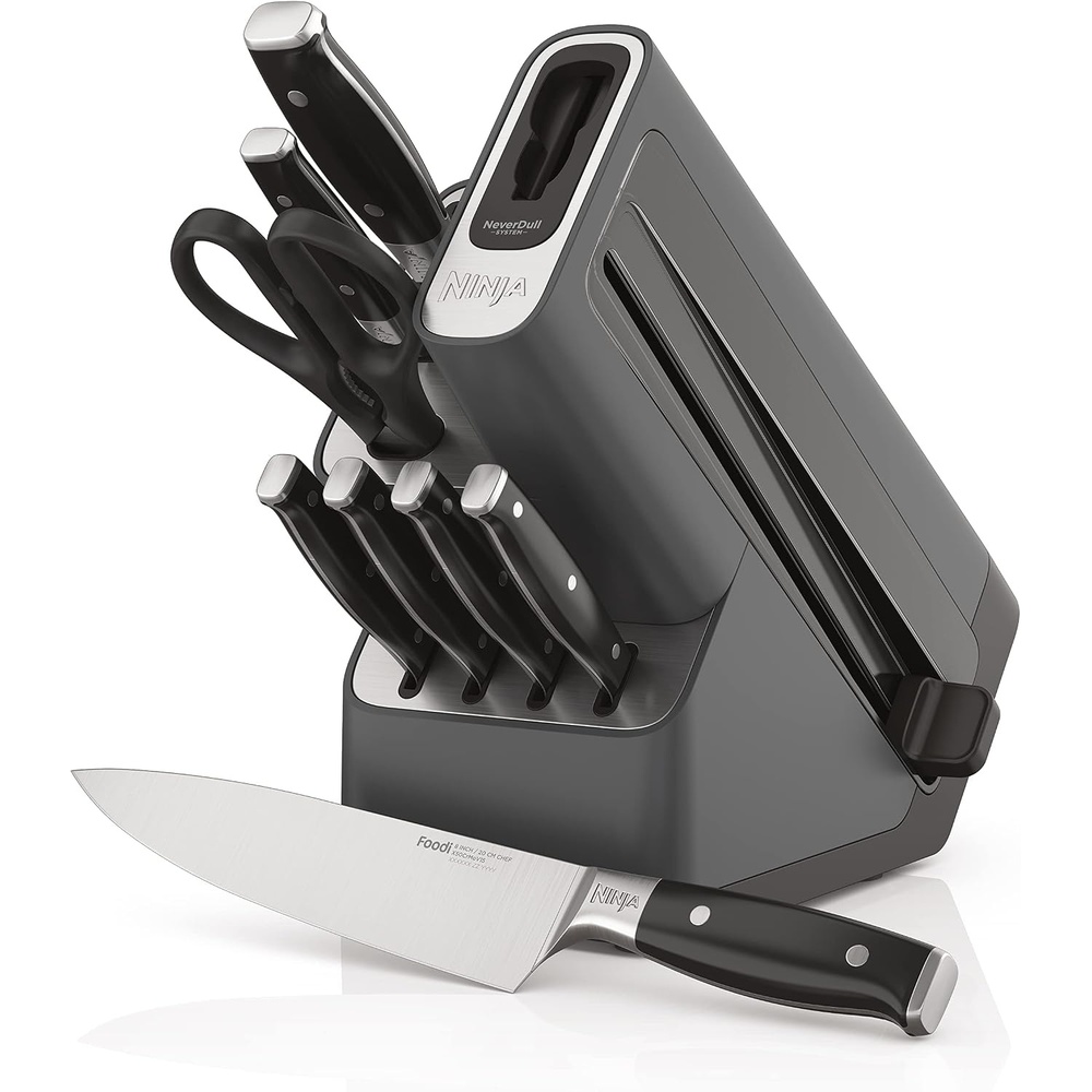 image:imageNinja K52013 Foodi NeverDull Premium 13 Piece German Stainless Steel Wood Series Knife System with Builtin Sharpener Walnut StainBlackBlack