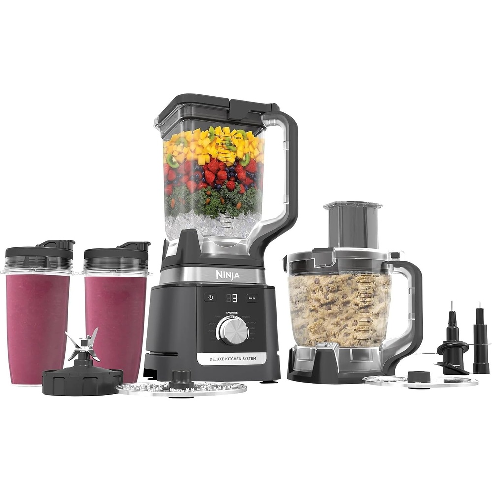 image:imageNinja Refurbished CO905KS Deluxe Kitchen System 1600 WP AutoIQ Base 88oz Picther 9cup Deluxe Food Processor 2 24oz SingleServe Cups Renewed