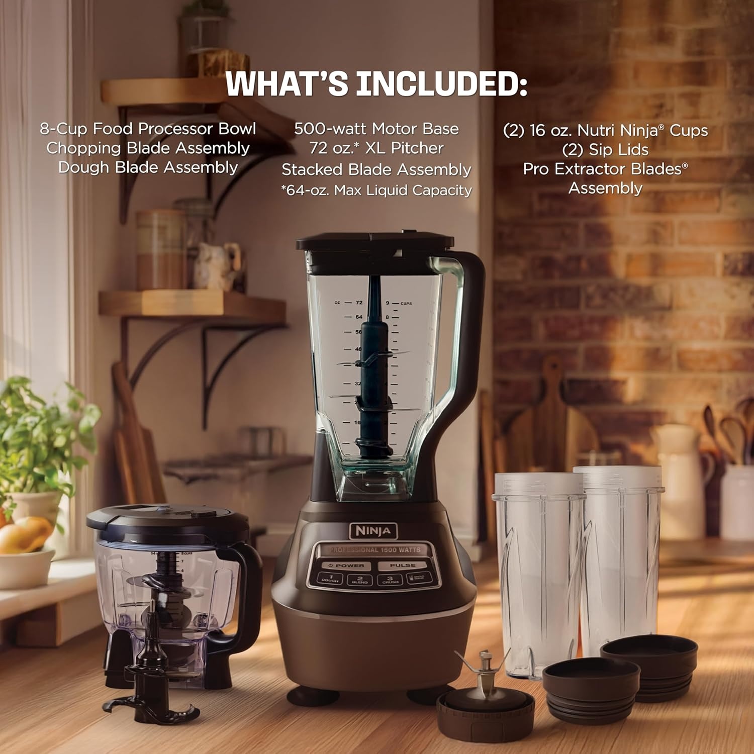 image:imageNinja BL660 Professional Compact Smoothie amp Food Processing Blender 1100Watts 3 Functions for Frozen Drinks Smoothies Sauces amp More 72oz Pitcher 2 16oz ToGo Cups amp Spout Lids GrayPro Kitchen System
