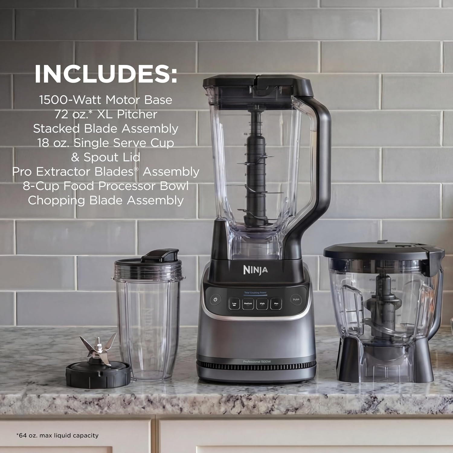 image:imageNinja BL660 Professional Compact Smoothie amp Food Processing Blender 1100Watts 3 Functions for Frozen Drinks Smoothies Sauces amp More 72oz Pitcher 2 16oz ToGo Cups amp Spout Lids GrayUltraCrush Kitchen System 2026