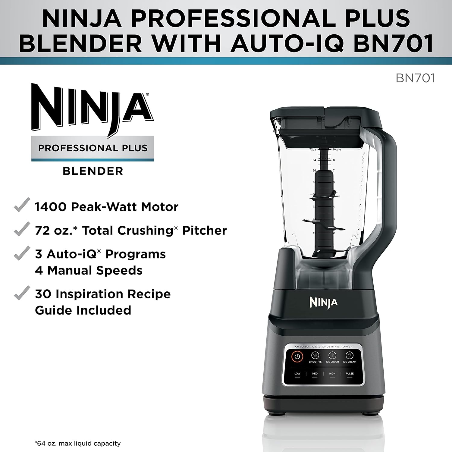 image:imageNinja BN701 Professional Plus Blender with AutoiQ and 64 oz max liquid capacity Total Crushing Pitcher in Grey RenewedGrey
