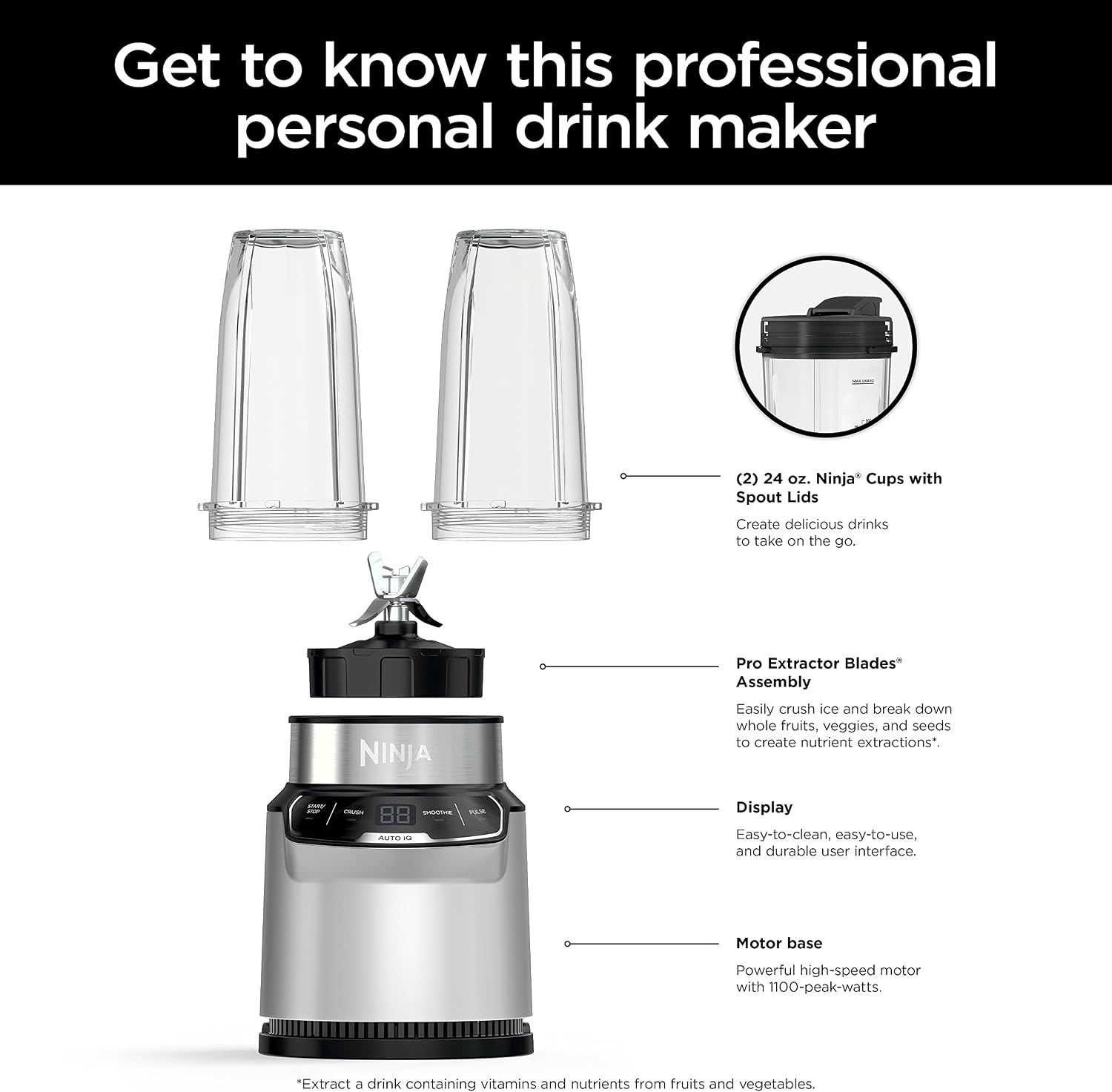 image:imageNinja Refurbished BN401 Nutri Pro with AutoiQ 1100PeakWatt Personal Blender Cloud Silver Renewed