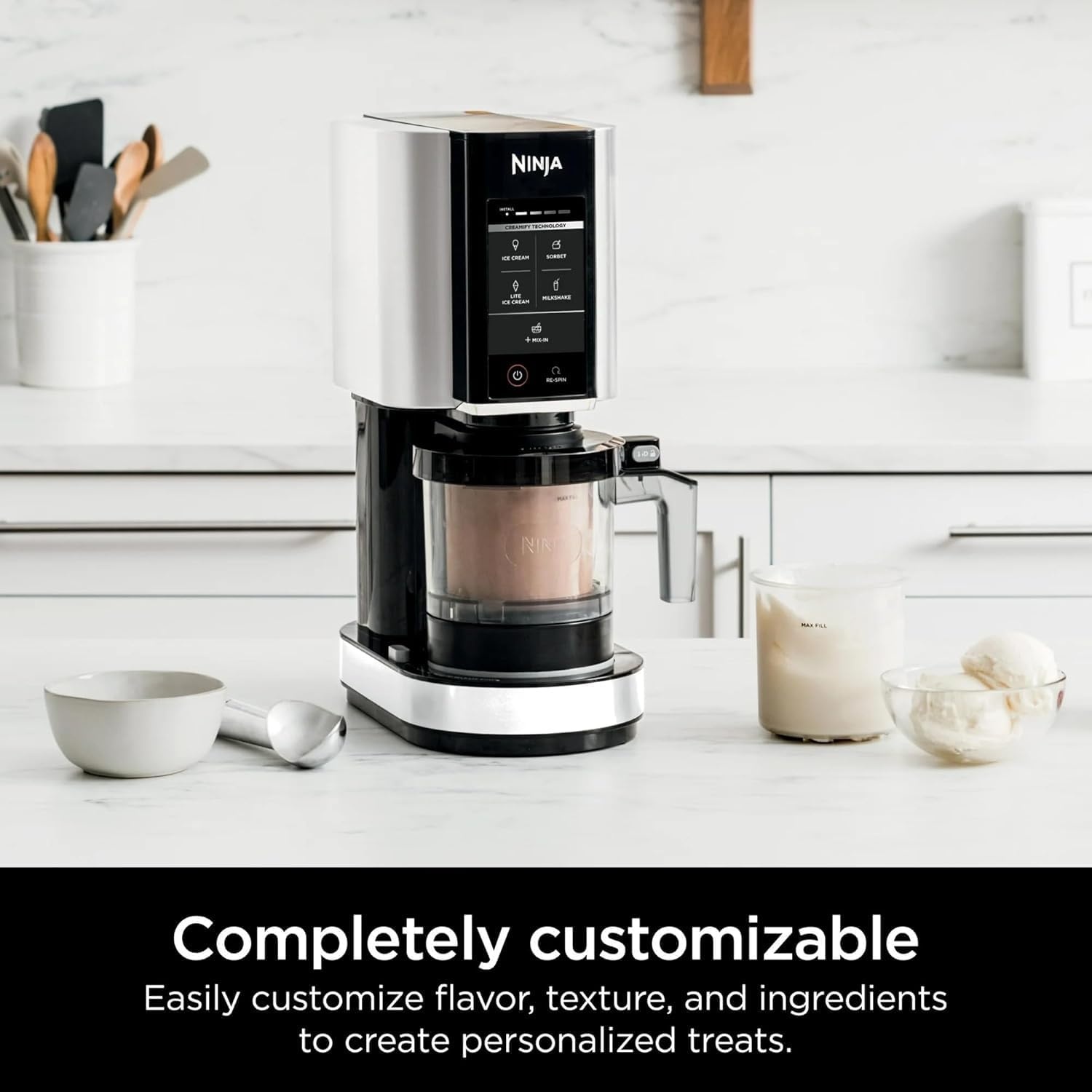 image:imageNinja CREAMi Ice Cream Maker 5 OneTouch Programs Includes 2 16oz Pints with Lids Transform Frozen Bases to Ice Cream Sorbets Milkshakes Vegan DairyFree Options NC300 White Renewed