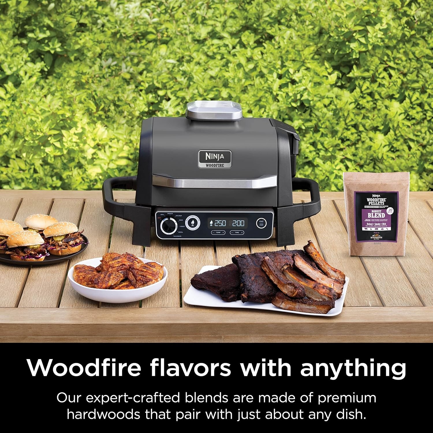 image:imageNinja OG751 Woodfire Pro Outdoor Grill with BuiltIn Thermometer 7in1 Master Grill BBQ SmokerampOutdoor Air Fryer plus BakeRoast DehydrateampBroilWoodfire Technologywith All Purpose Blend Pellets2lb Robust Sample Pellets