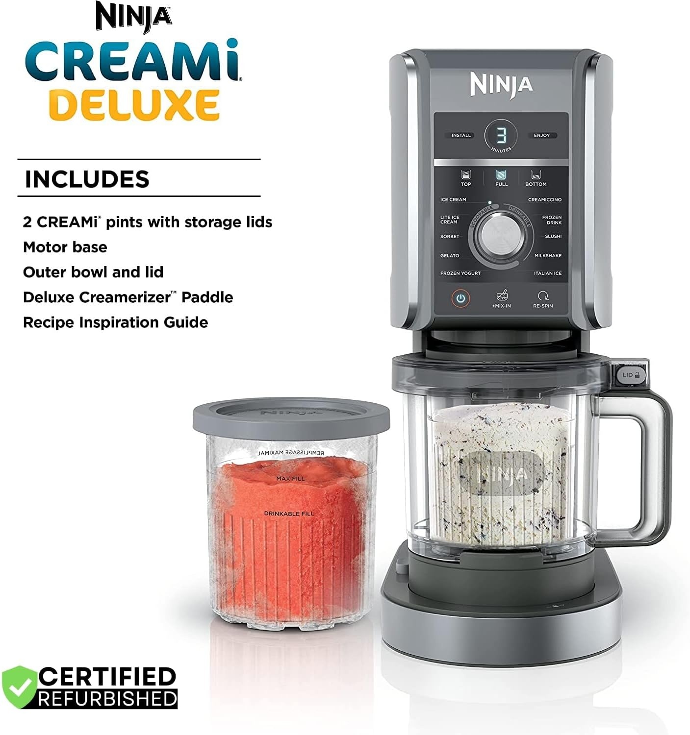image:imageNinja Refurbished NC501 CREAMi Deluxe 11in1 XL Ice Cream Maker Silver Bundle with 2 YR CPS Enhanced Protection Pack Renewed