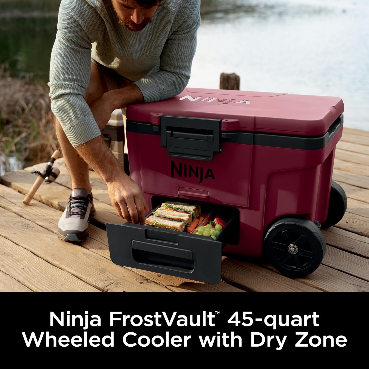 image:imageNinja FrostVault 45qt Cooler with Wheels Dry Storage Drawer Slate GrayMerlot