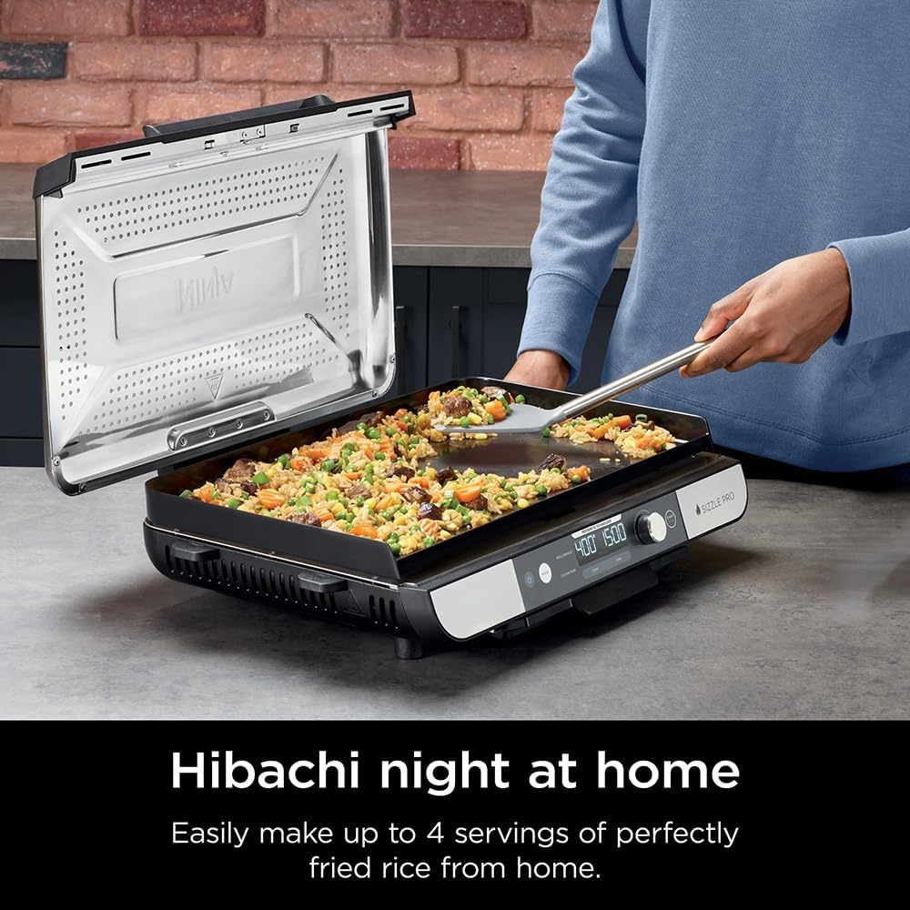image:imageNinja Sizzle Pro XL 20Inch Indoor Griddle Grill Detachable Ventilated Lid Grease Control Ceramic Nonstick Plates Even EdgetoEdge Cooking XL Capacity Versatile Silver GX101 Renewed
