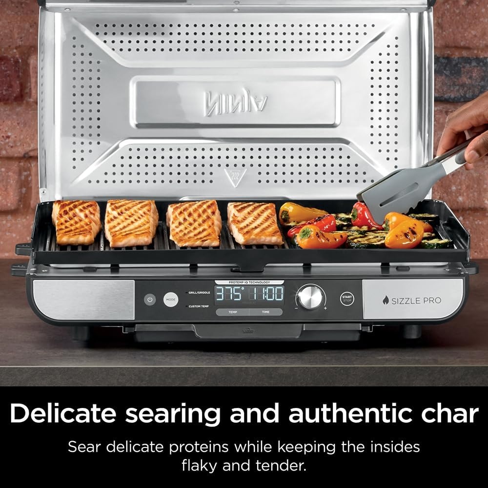 image:imageNinja Sizzle Pro XL 20Inch Indoor Griddle Grill Detachable Ventilated Lid Grease Control Ceramic Nonstick Plates Even EdgetoEdge Cooking XL Capacity Versatile Silver GX101 Renewed