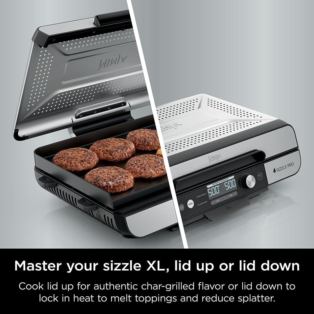 image:imageNinja Sizzle Pro XL 20Inch Indoor Griddle Grill Detachable Ventilated Lid Grease Control Ceramic Nonstick Plates Even EdgetoEdge Cooking XL Capacity Versatile Silver GX101 Renewed