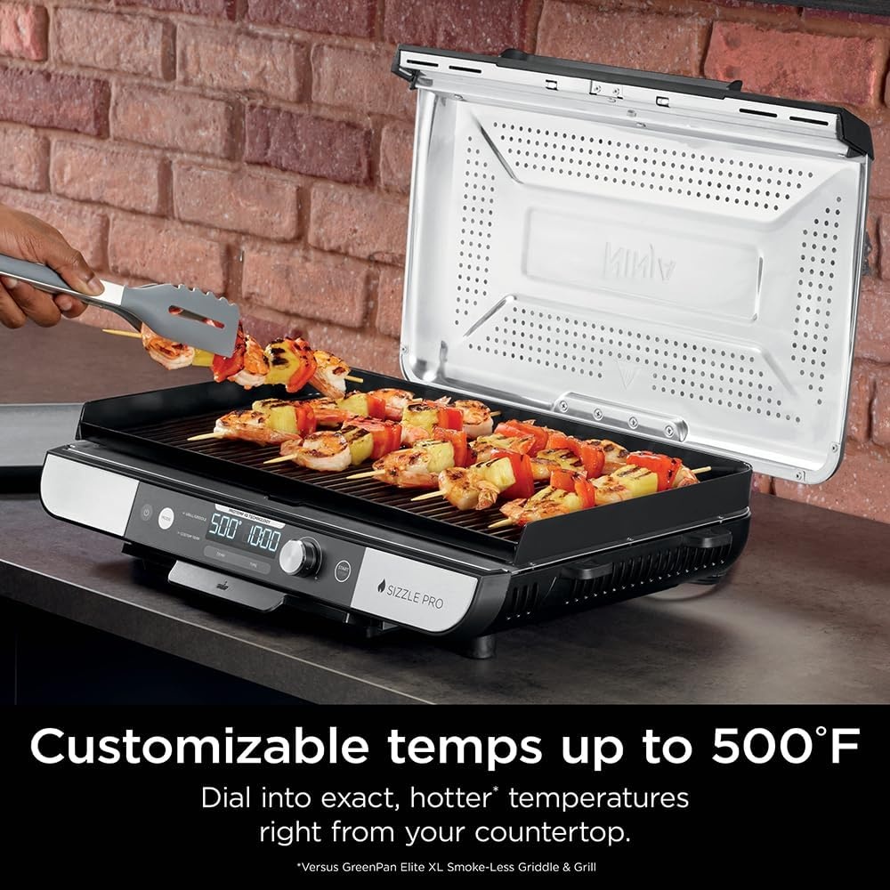 image:imageNinja Sizzle Pro XL 20Inch Indoor Griddle Grill Detachable Ventilated Lid Grease Control Ceramic Nonstick Plates Even EdgetoEdge Cooking XL Capacity Versatile Silver GX101 Renewed