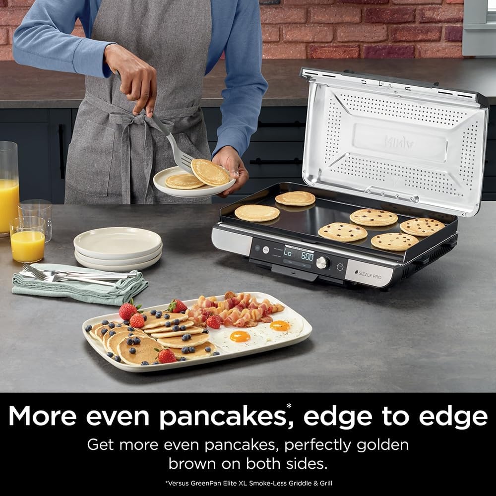 image:imageNinja Sizzle Pro XL 20Inch Indoor Griddle Grill Detachable Ventilated Lid Grease Control Ceramic Nonstick Plates Even EdgetoEdge Cooking XL Capacity Versatile Silver GX101 Renewed