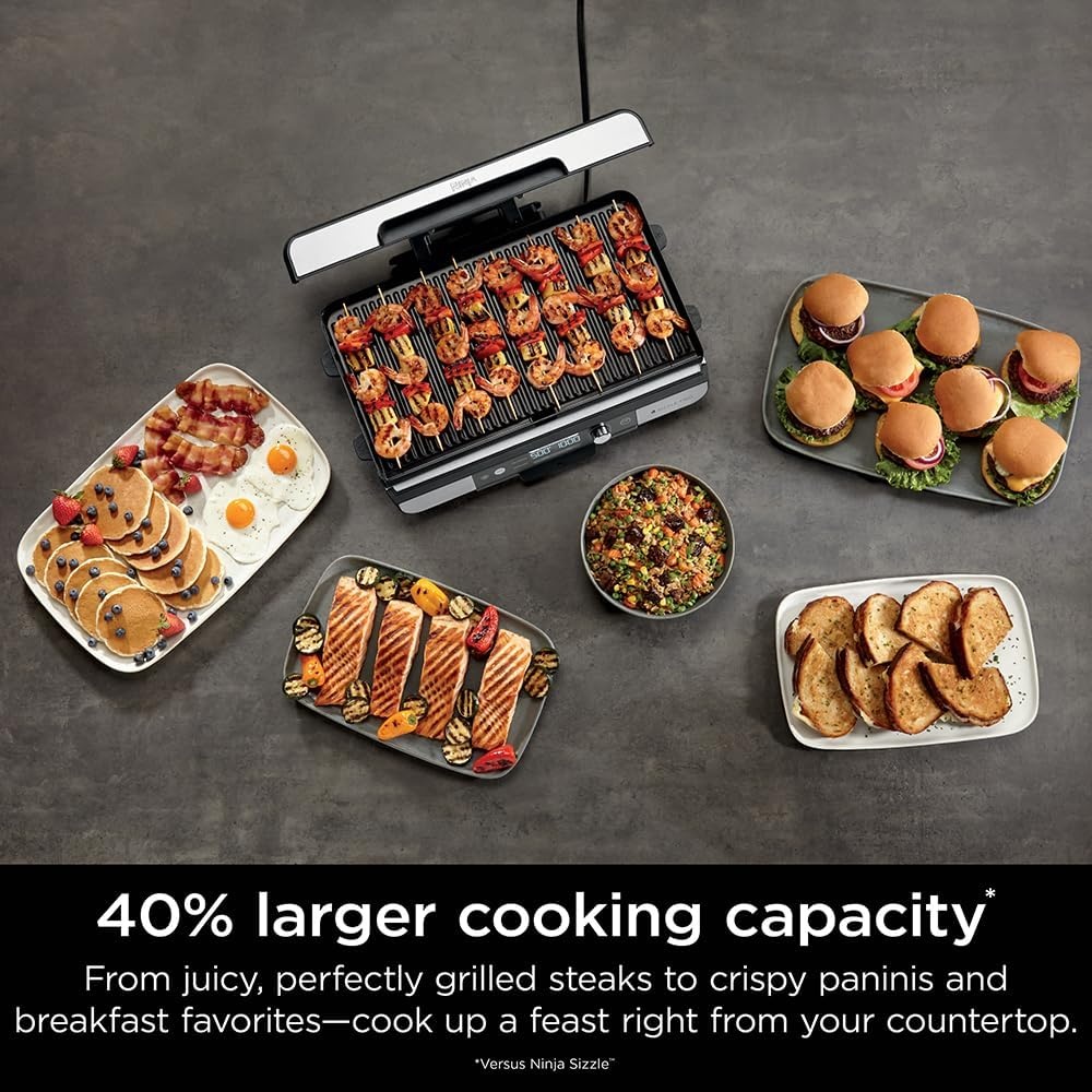 image:imageNinja Sizzle Pro XL 20Inch Indoor Griddle Grill Detachable Ventilated Lid Grease Control Ceramic Nonstick Plates Even EdgetoEdge Cooking XL Capacity Versatile Silver GX101 Renewed