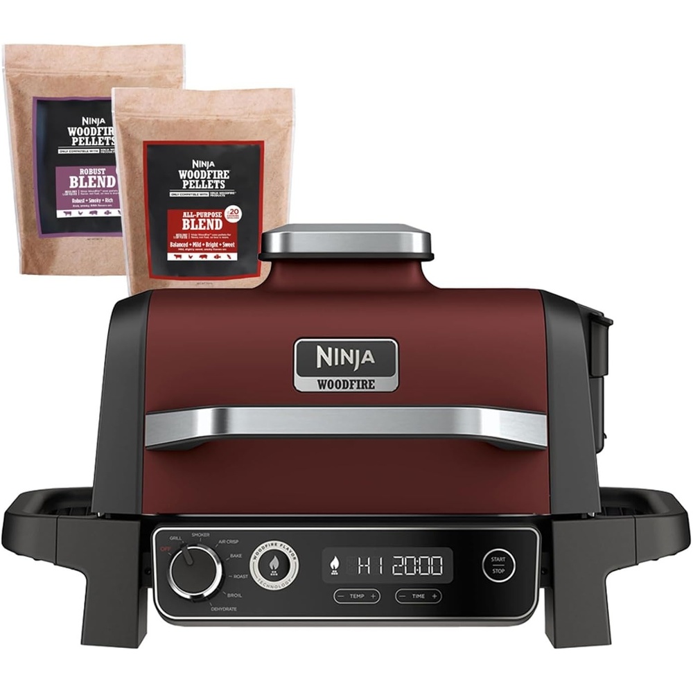 image:imageNinja OG701 Woodfire Outdoor Grill amp Smoker 7in1 Master Grill BBQ Smoker Air Fryer plus Bake Roast Dehydrate amp Broil uses Woodfire Pellets1 Pack Included Portable Electric Red