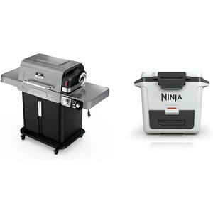 Ninja | Outdoor | FlexFlame Grill and Smoker with 30QT Hard Cooler| 5-in-1 Cooking System | Dry Storage Drawer Insulated Cooler | White