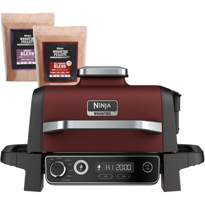 Ninja OG701 Woodfire Outdoor Grill & Smoker, 7-in-1 Master Grill, BBQ Smoker, Air Fryer plus Bake, Roast, Dehydrate, & Broil, uses Woodfire Pellets(1 Pack Included), Portable, Electric, Red