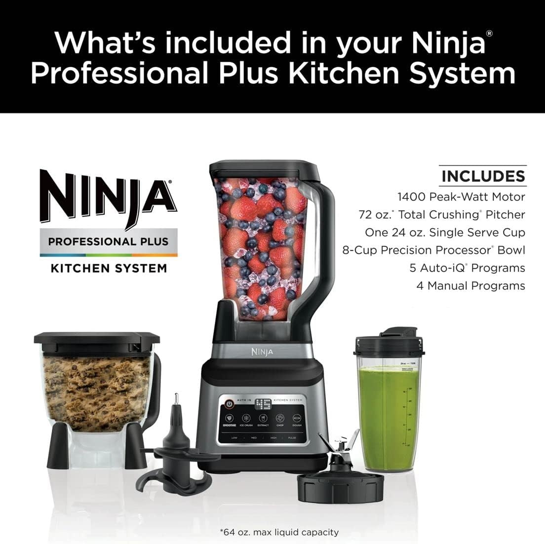 image:imageNinja BN800 Professional Plus Kitchen System 1400 WP 5 Functions for Smoothies Chopping Dough amp More with Auto IQ 72oz Blender Pitcher 64oz Processor Bowl 24oz ToGo Cup Grey Renewed