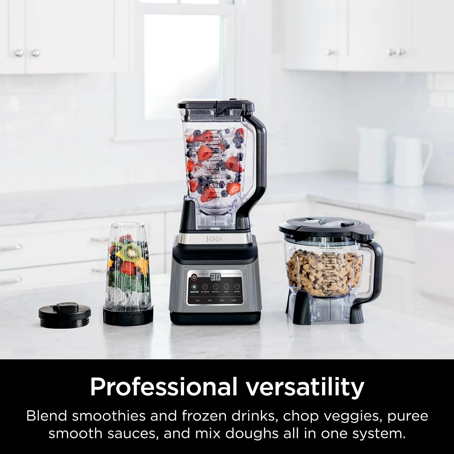 image:imageNinja BN800 Professional Plus Kitchen System 1400 WP 5 Functions for Smoothies Chopping Dough amp More with Auto IQ 72oz Blender Pitcher 64oz Processor Bowl 24oz ToGo Cup Grey Renewed
