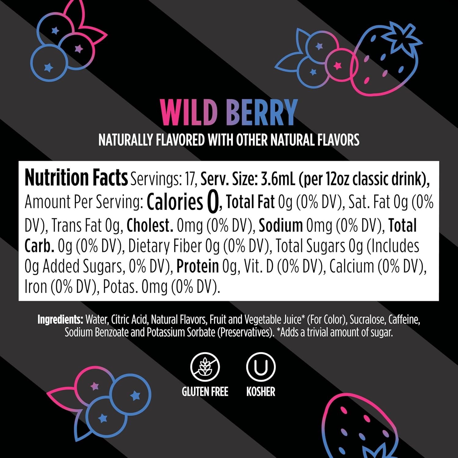 image:imageNinja Thirsti Flavored Water Drops FRUITI CHILL Wild Berry Bold Fruit Flavor with Caffeine Sparkling or Still Zero Calories Zero Sugar Makes 17 12oz drinks 3 Pack WCFWDBRAM